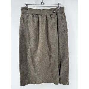 Size 12 Tahari Wool Brown Grey Wrap Pencil Skirt Button Waist With Pockets